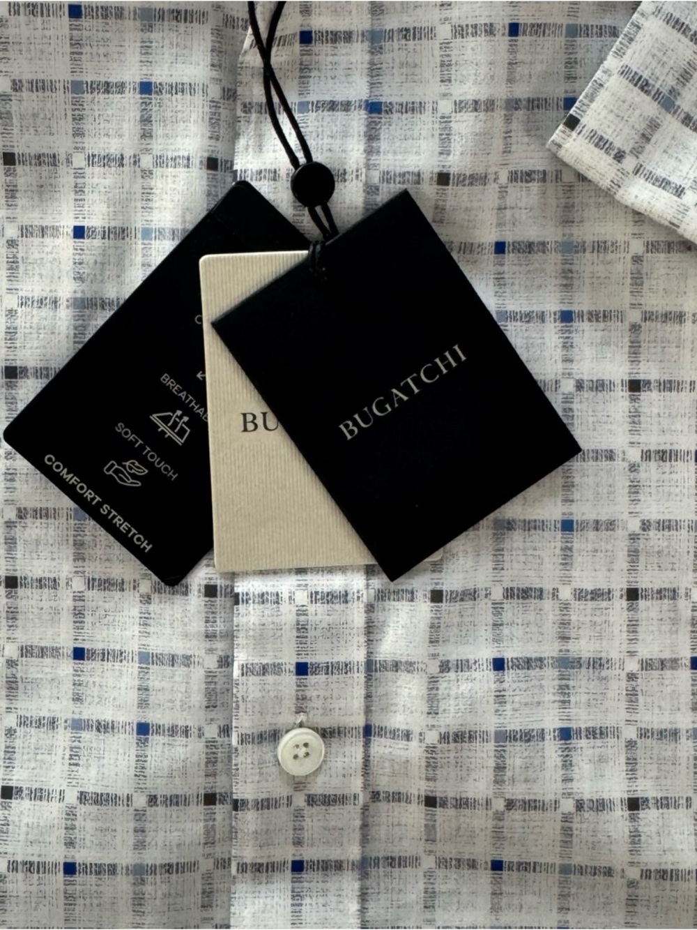 NWT Bugatchi Shaped Fit Comfort Stretch Shirt - White/Blue Grid - Size L - Picture 4 of 8